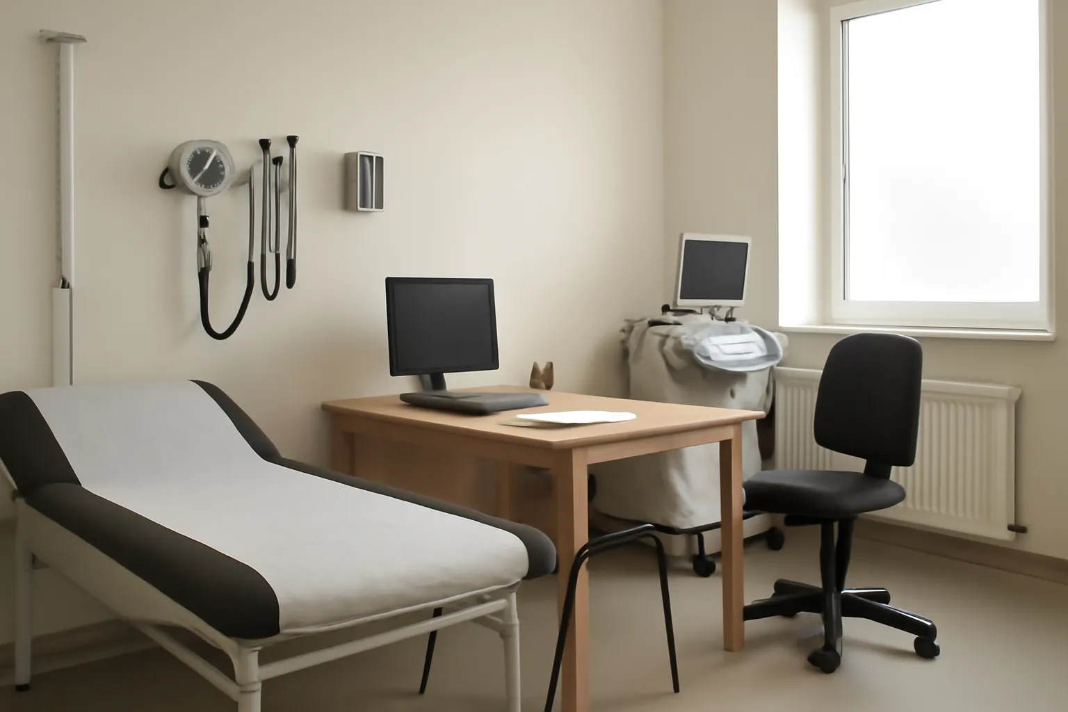 Cabinet médical calme avec bureau et équipement de consultation