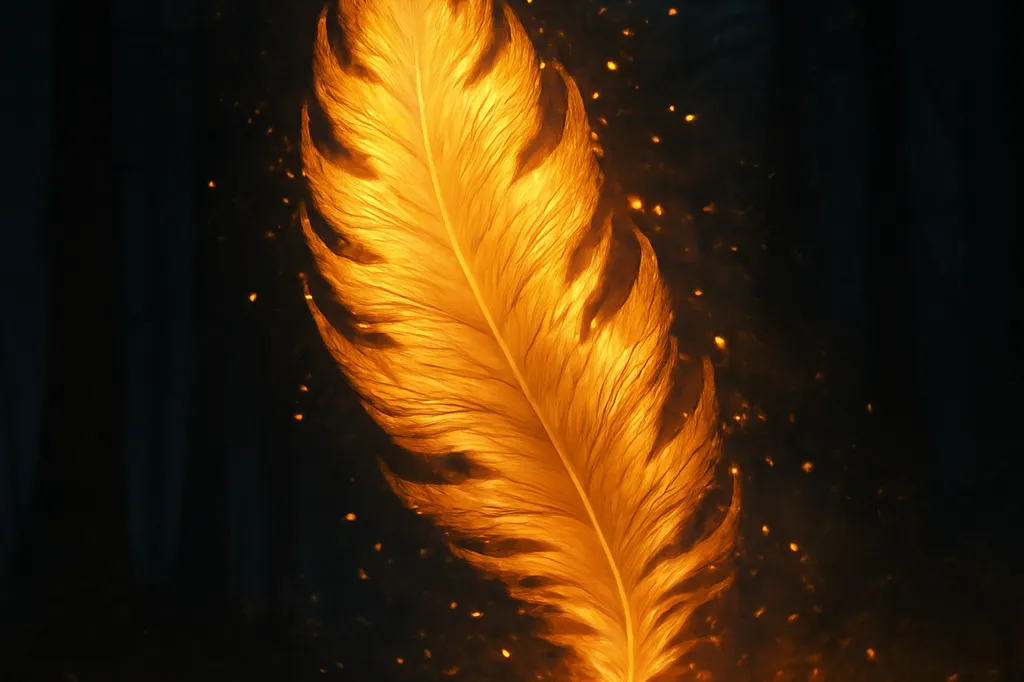 Plume dorée lumineuse évoquant l’Oiseau de feu du folklore russe, sur fond de forêt sombre