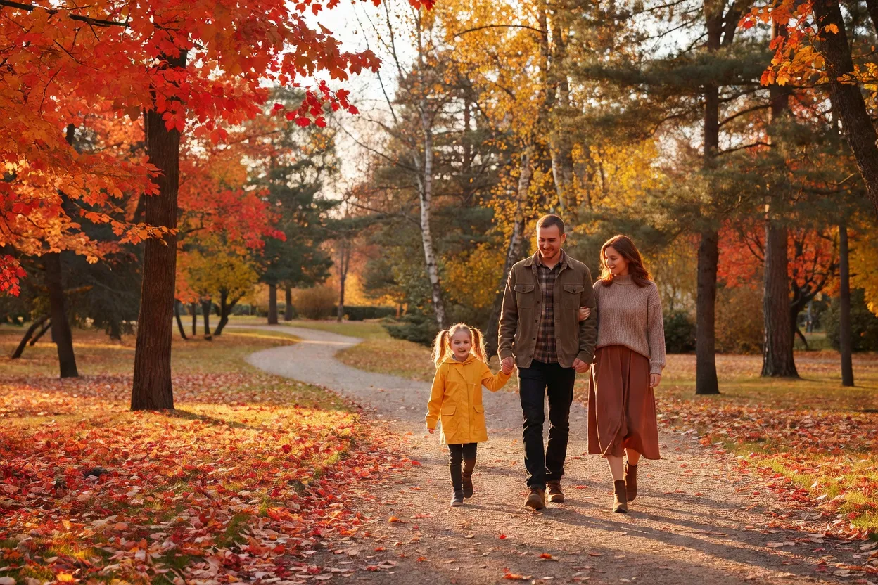 Famille se promenant ensemble dans un parc en automne