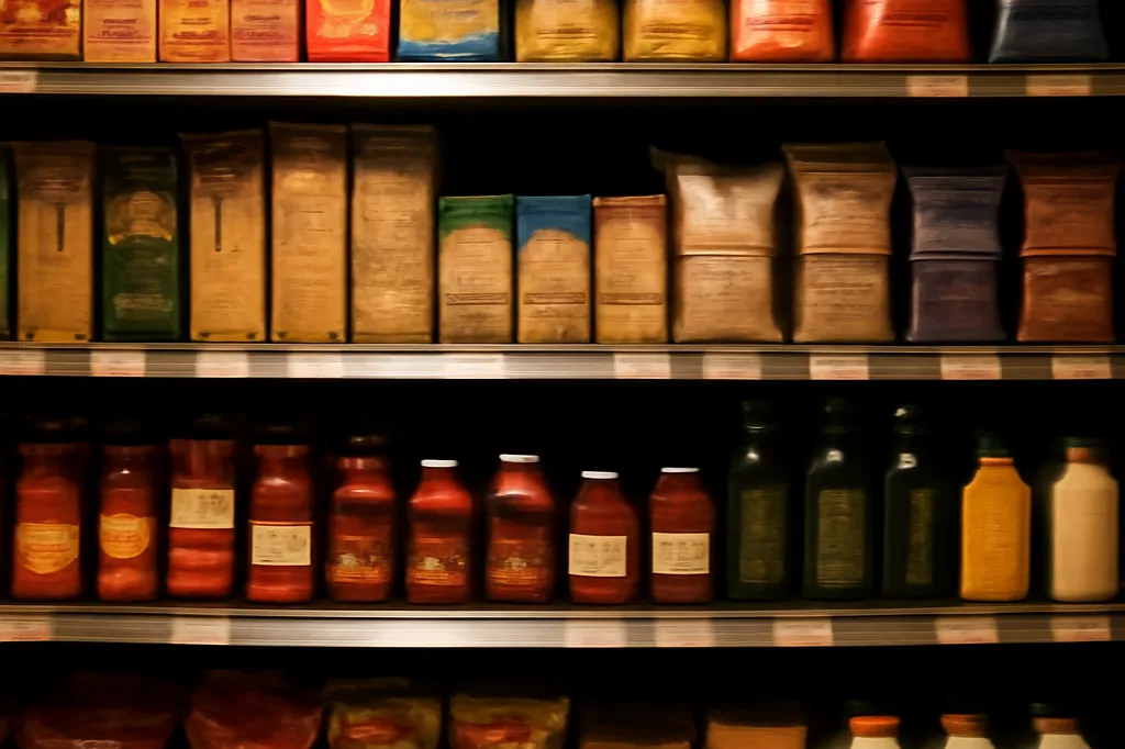 Rayon de supermarché russe avec produits importés et marques locales mélangés