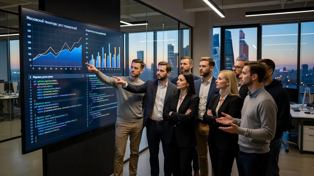 Une équipe d’ingénieurs analyse des graphiques de croissance utilisateur dans un bureau à Moscou