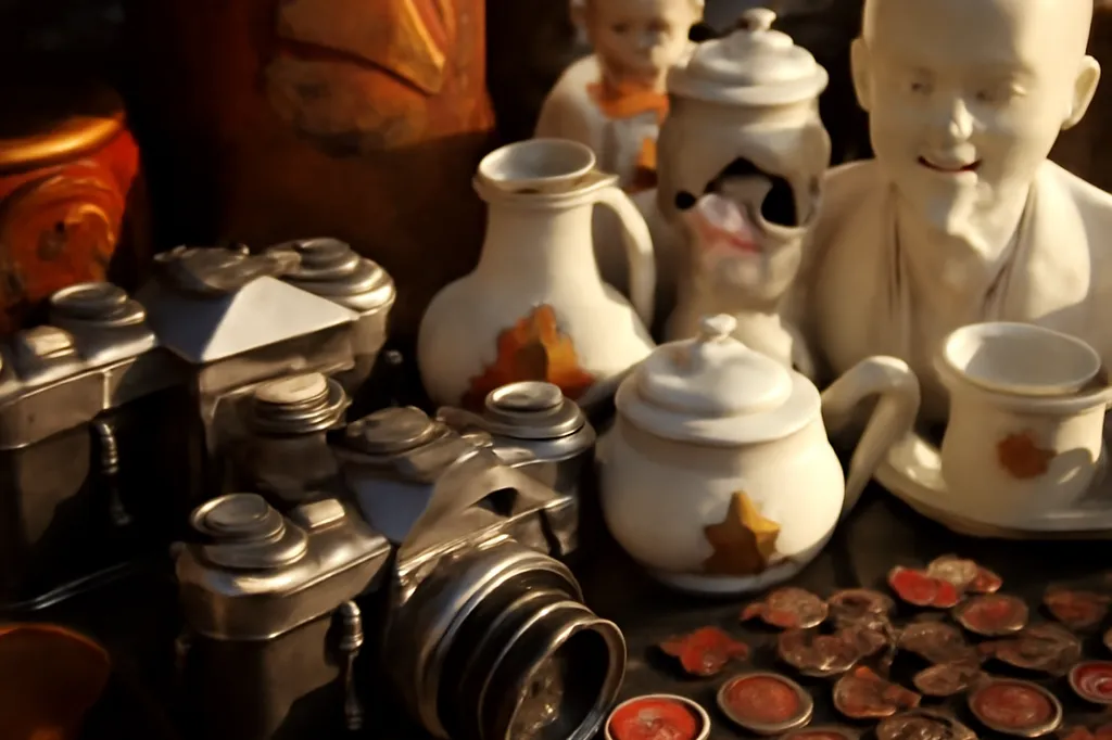 Étal de brocante avec appareils photo anciens, théières en porcelaine et pièces soviétiques d’occasion