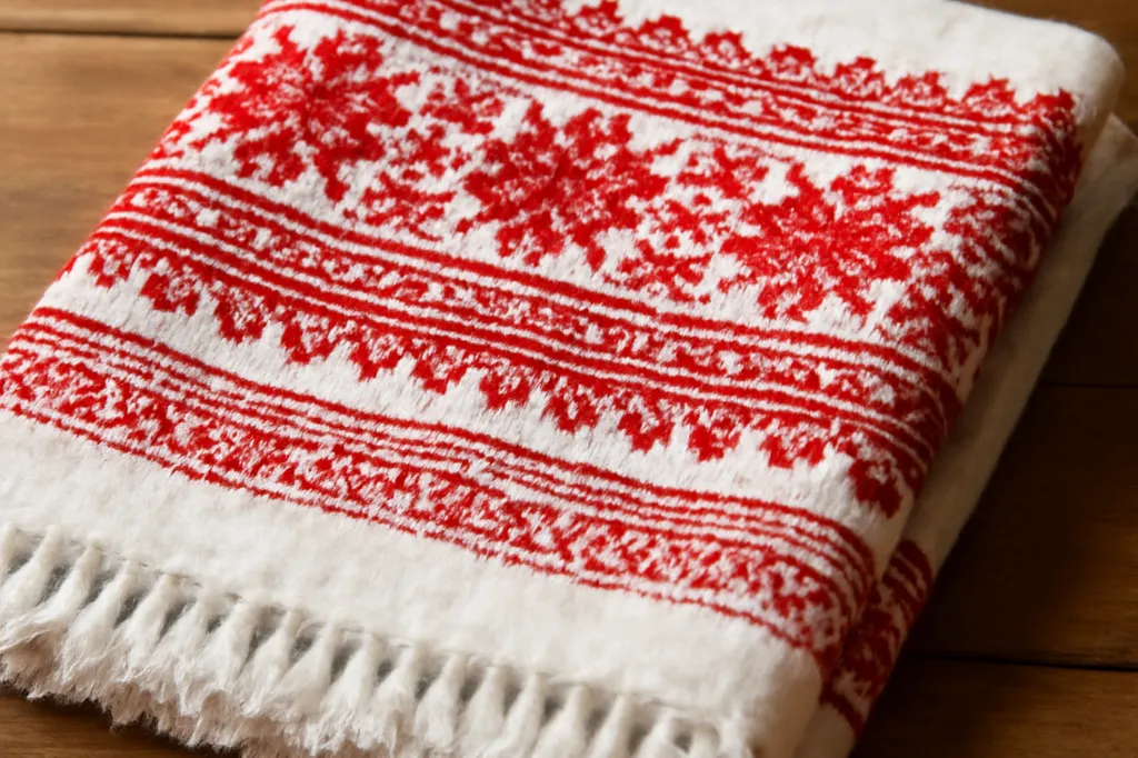 Rushnyk brodé traditionnel aux motifs rouges et blancs, plié sur une table en bois