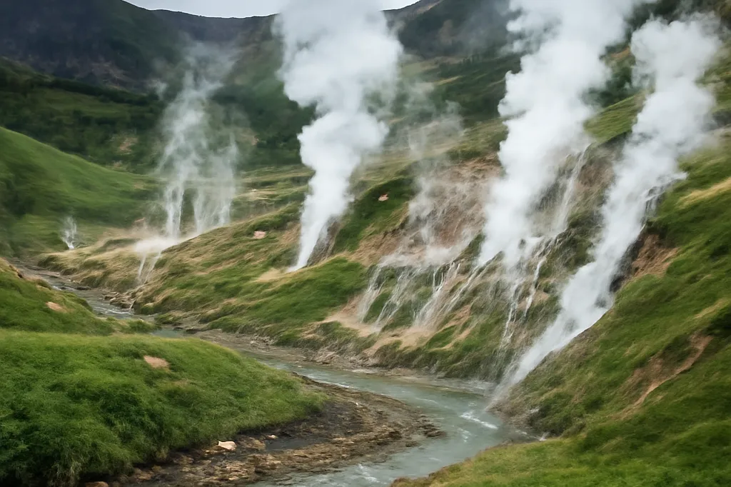 Vallée des geysers du Kamtchatka avec vapeur s’échappant des sources géothermiques