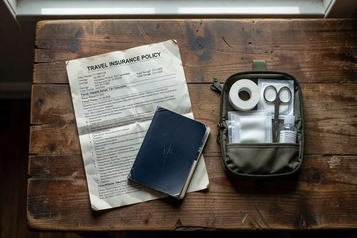 Document d'assurance voyage et trousse de premiers secours posés sur une table