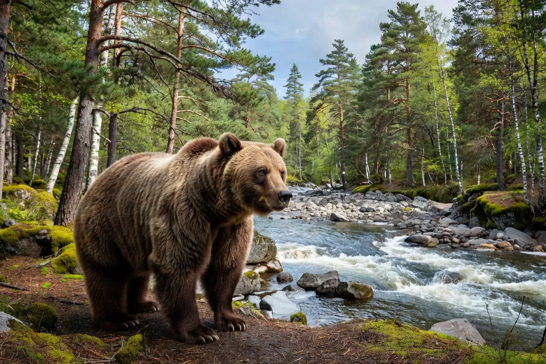 Ours brun dans un paysage forestier du Kamtchatka en Extrême-Orient russe
