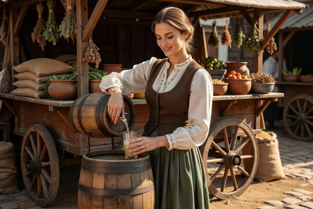 Femme servant du kvas artisanal depuis un tonneau en bois sur un marché traditionnel russe