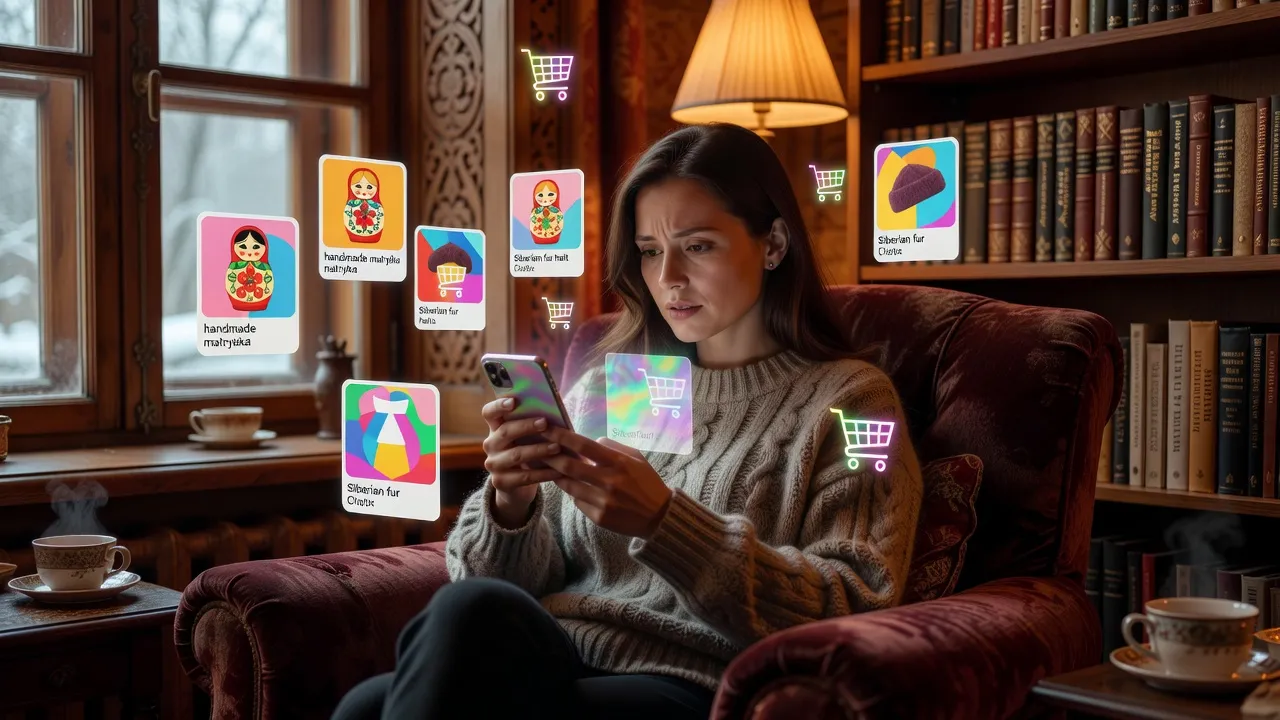 Une femme commande des produits russes sur son smartphone depuis son salon