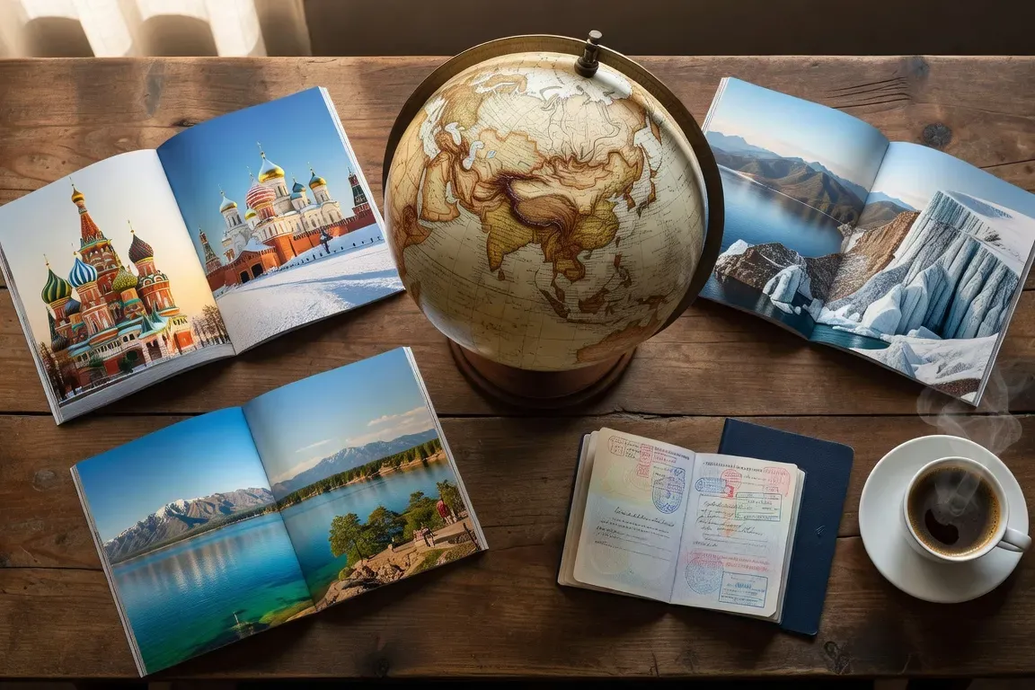 Globe terrestre, brochures de voyage Russie et passeport sur une table éditoriale