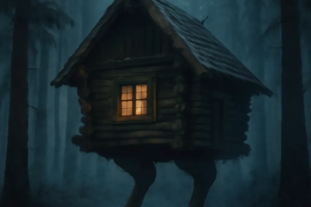 Illustration d’une isba de Baba Yaga dans une forêt russe, posée sur des pattes de poulet