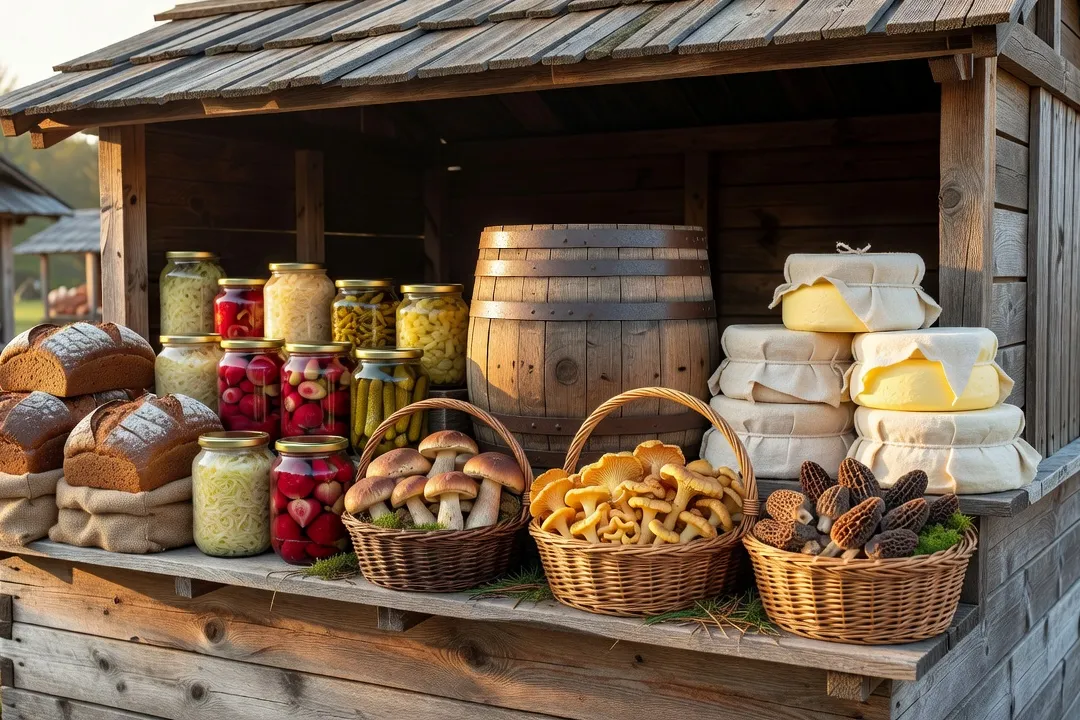 Marché traditionnel russe avec étals de produits régionaux, pain de seigle et bocaux de légumes fermentés