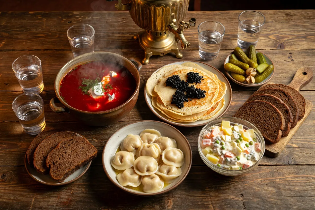 Table russe traditionnelle dressée avec bortsch, blinis, pelmenis et samovar