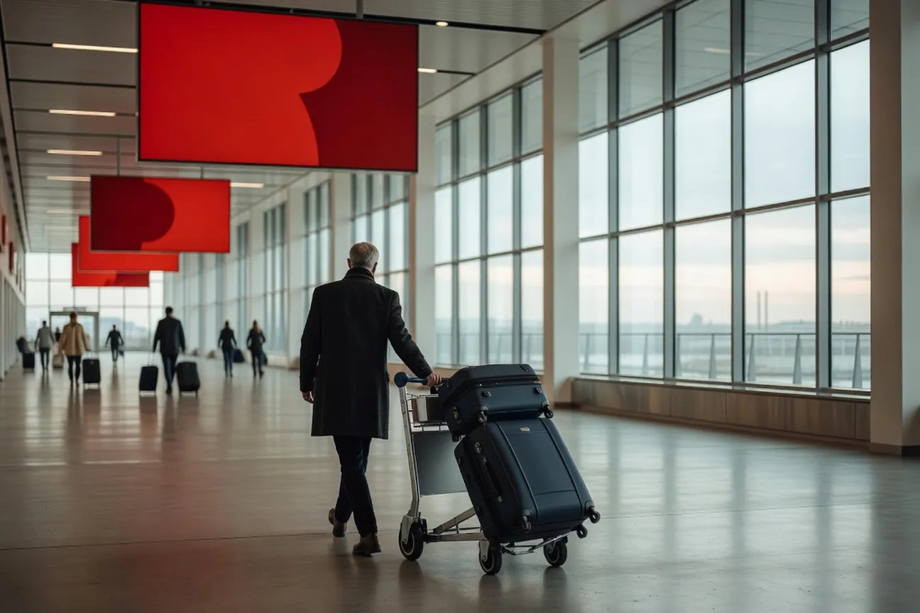 Voyageur poussant son chariot à bagages dans le terminal d'un aéroport russe