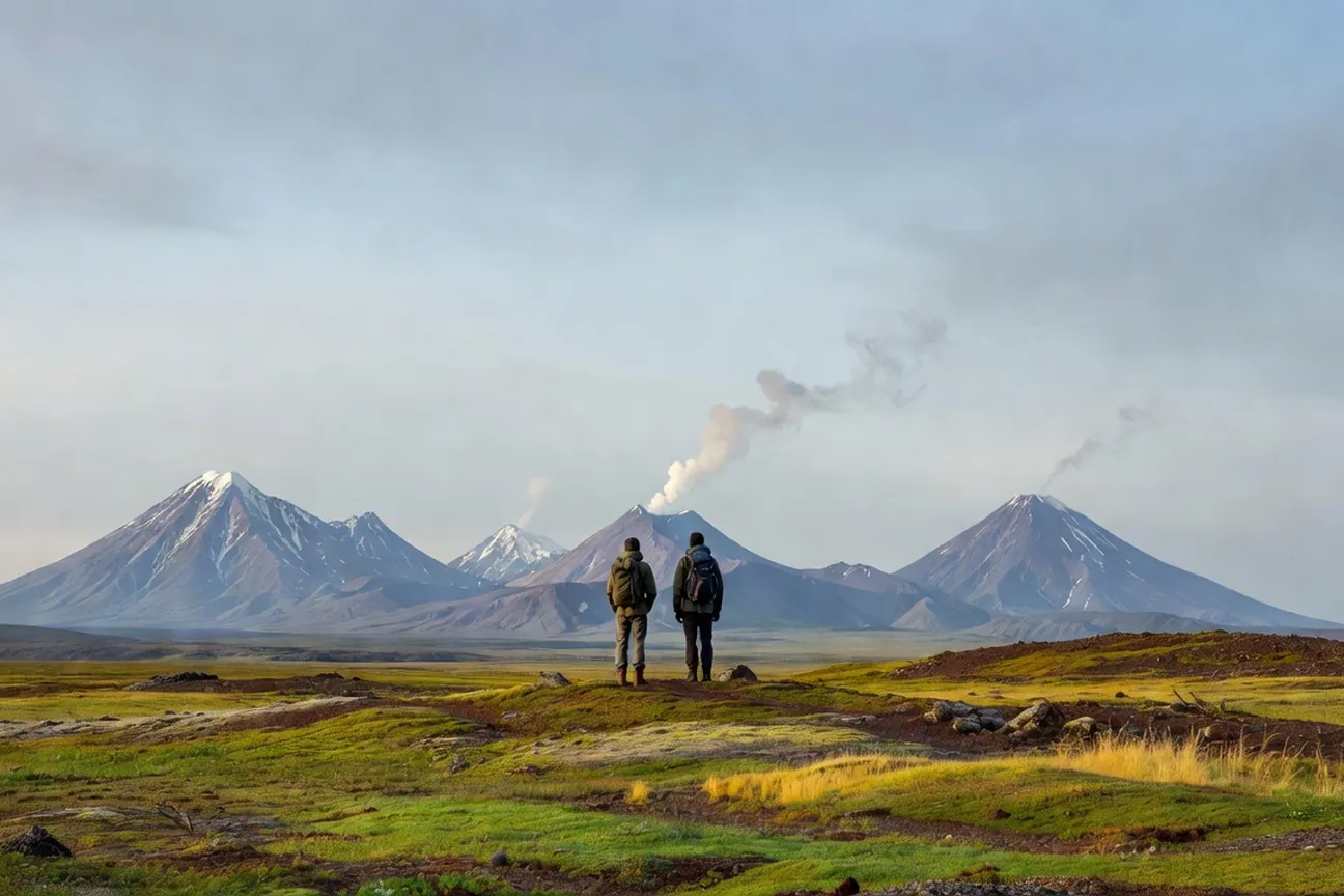 Deux randonneurs face aux volcans fumants de la péninsule du Kamtchatka en Russie