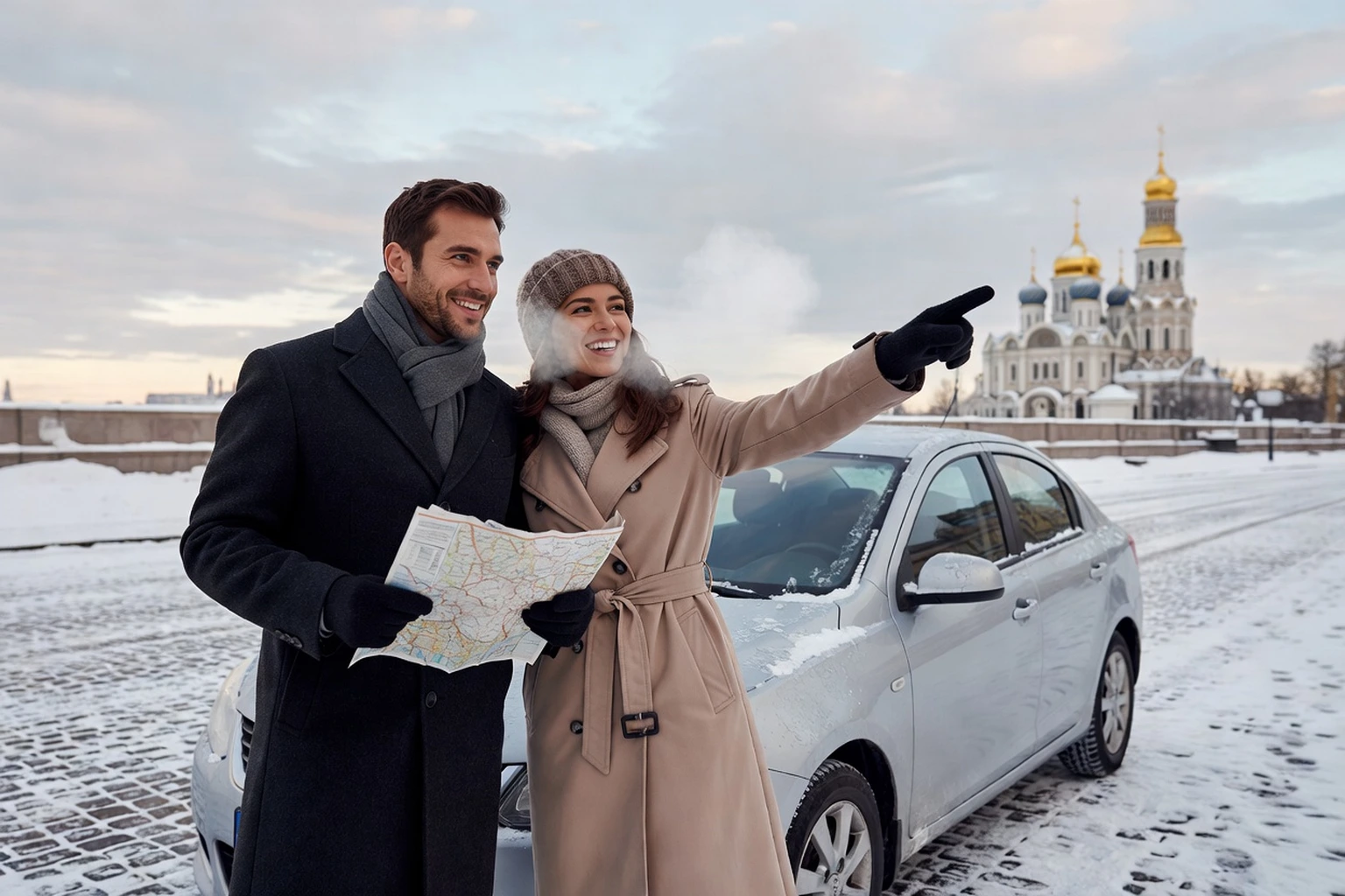Couple de voyageurs français consulte une carte routière à côté de leur voiture de location à Moscou, sous la neige, dômes dorés d'une église orthodoxe en arrière-plan