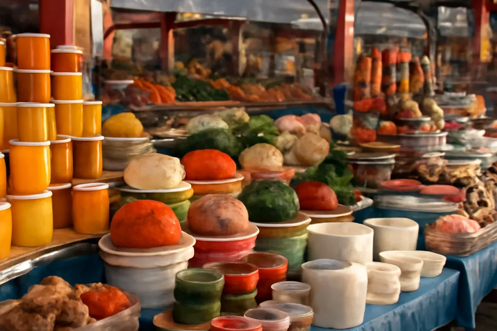 Étal de marché traditionnel russe avec produits alimentaires et objets artisanaux