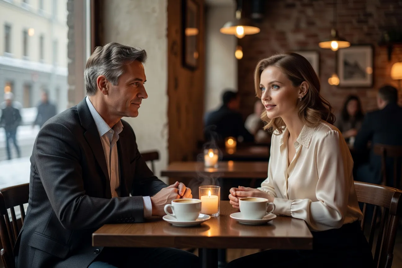 Couple mixte franco-russe assis dans un café moscovite à la lumière du soir