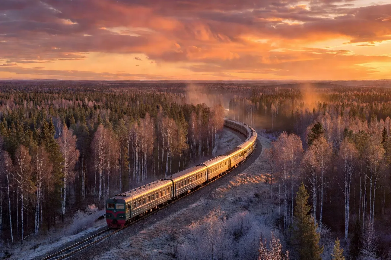 Train Transsibérien traversant un paysage sibérien au coucher du soleil