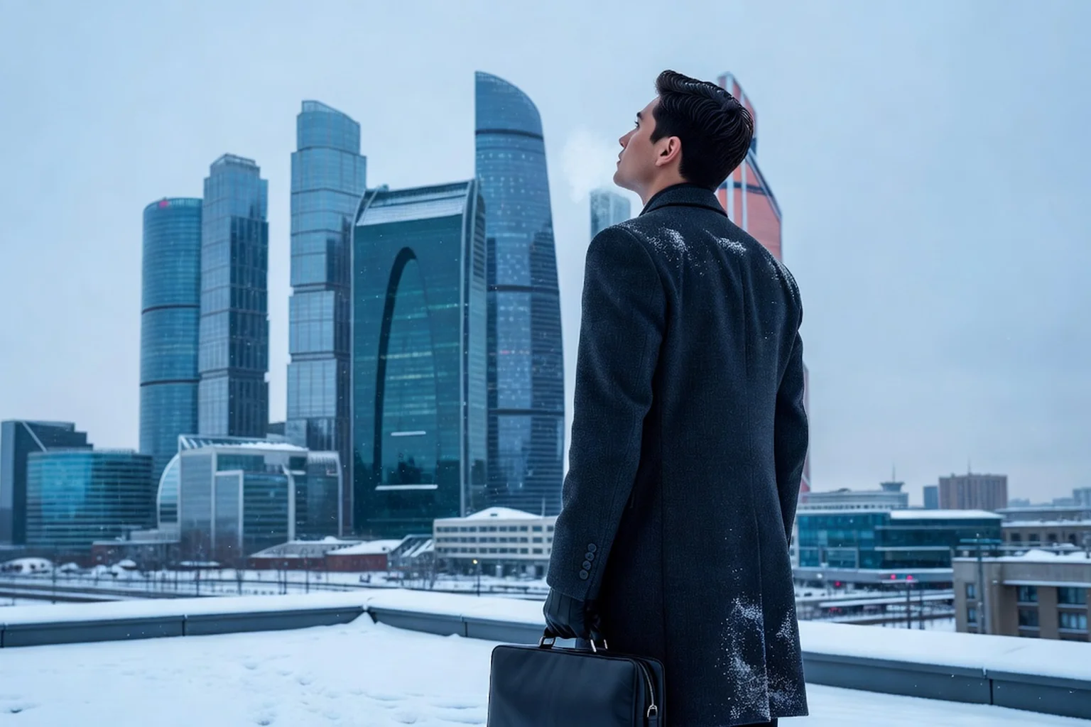 Jeune professionnel français de dos avec une mallette face aux gratte-ciel de Moscou-City en hiver