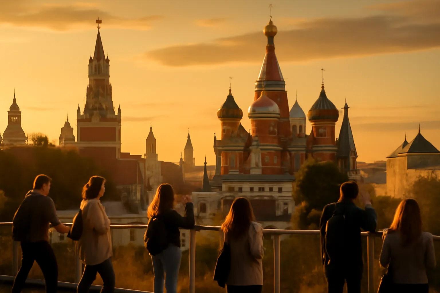 Vue de Moscou avec la cathédrale Saint-Basile, premiers plans de promeneurs sur une place animée