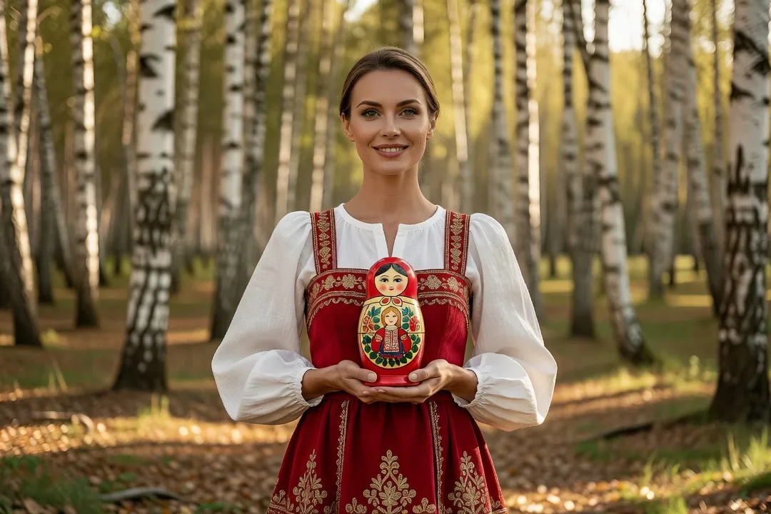 Femme en tenue traditionnelle russe tenant une poupée matriochka devant une forêt de bouleaux