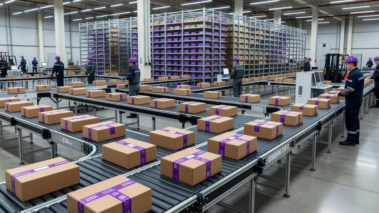 Entrepôt logistique Wildberries avec colis violets empilés sur des étagères métalliques