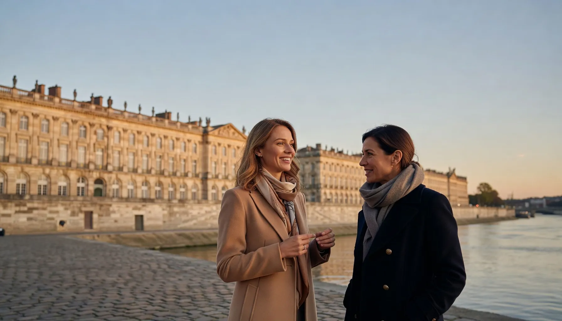 Deux femmes discutent en souriant sur les quais de Bordeaux, devant la place de la Bourse